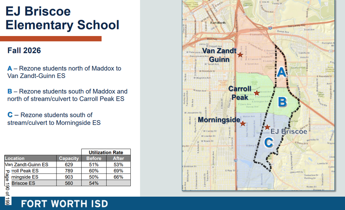 A map shows the new attendance boundaries of Edward Briscoe Elementary students who will transfer to three neighboring campuses in the 2026-27 school year after the elementary school’s closure.