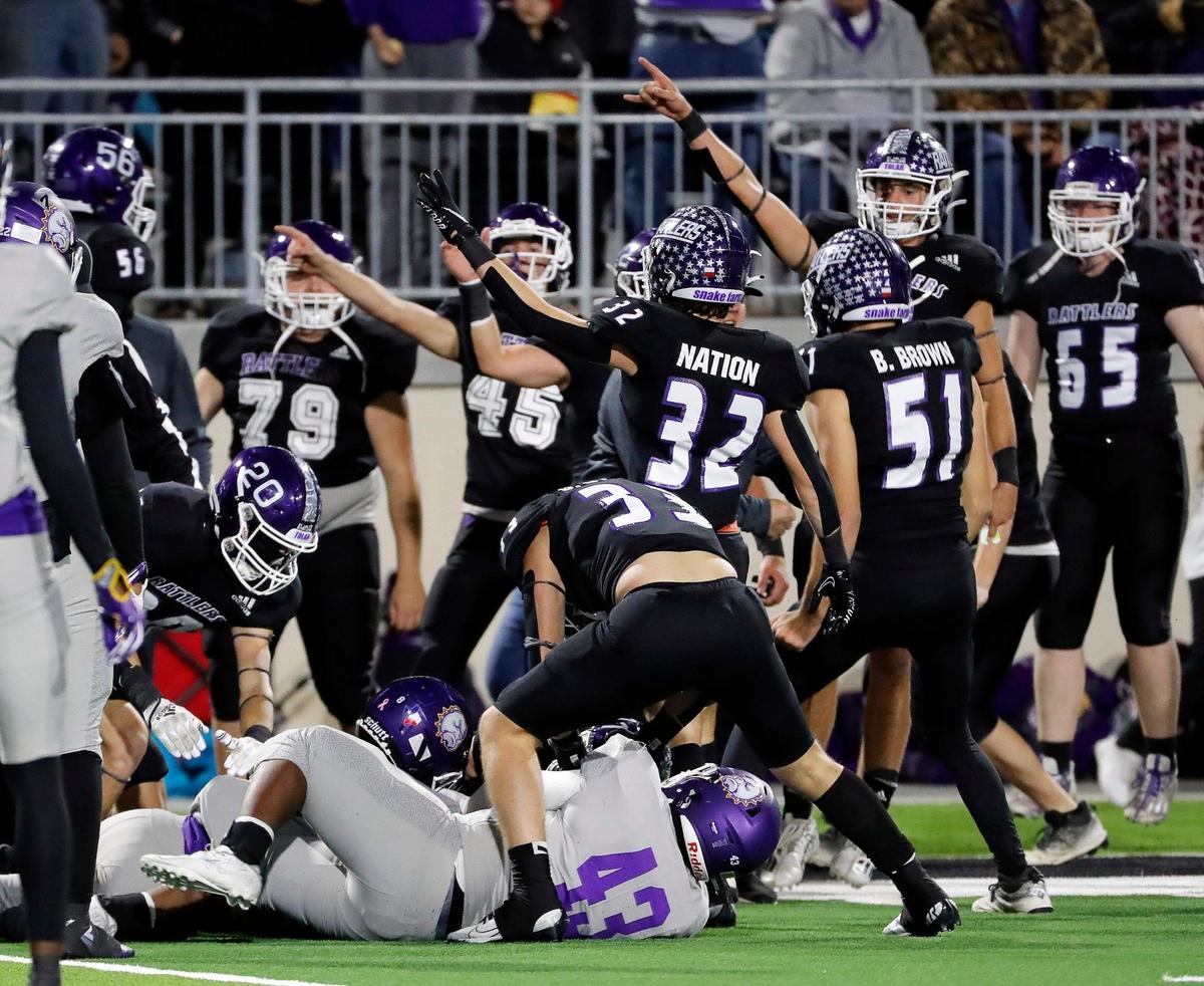 Tolar Rattlesnakes signal a recovery of a Marlin Bulldog fumble in the first half of a Class 2A D1 area round playoff game at Crowley ISD Multi-Purpose Stadium in Fort Worth, Texas, Thursday, Nov. 17, 2022. Tolar led Marlin 50-12 at the half. (Special to the Star-Telegram Bob Booth)