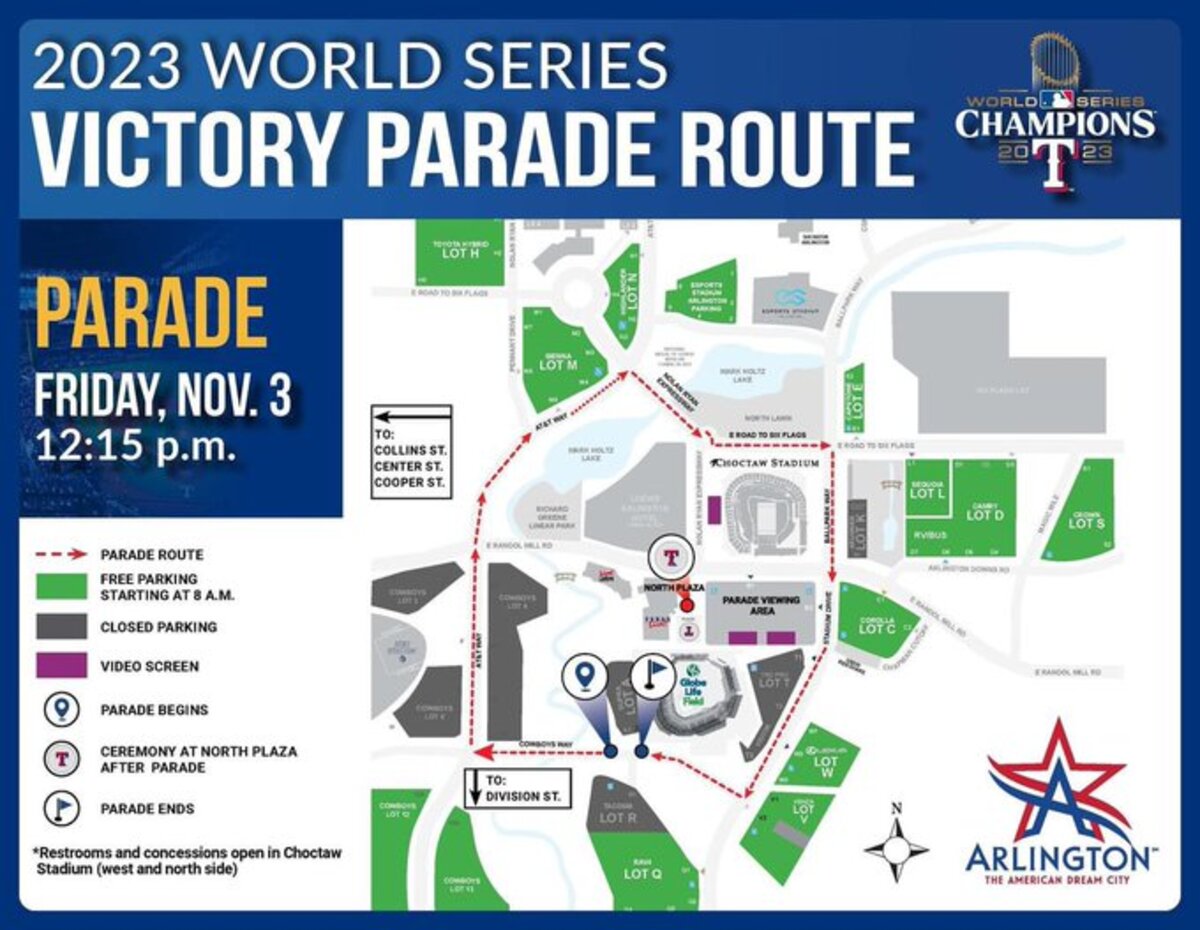 Parking map for Rangers victory parade in Arlington