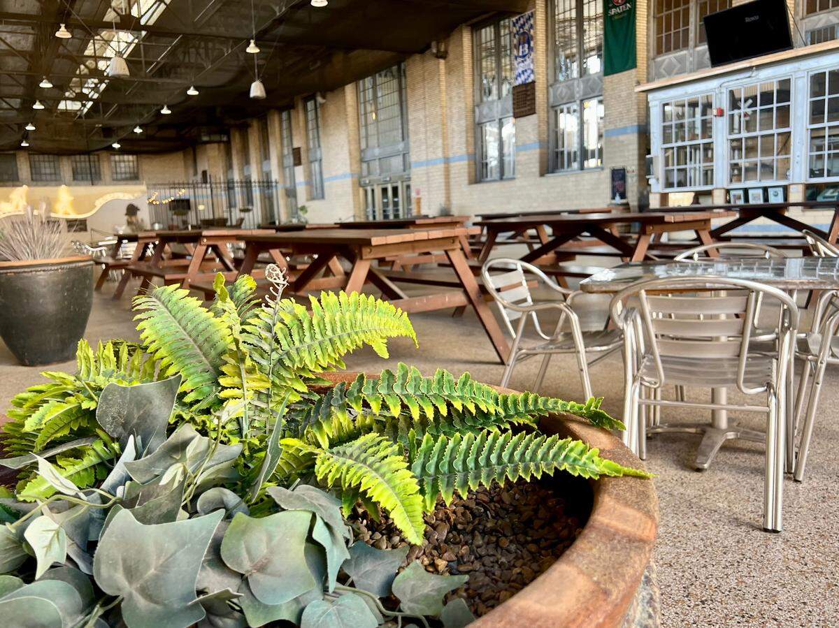 The T&P Tavern patio is on the old train station concourse.