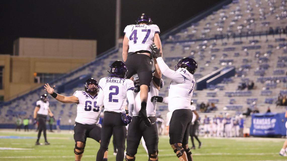 TCU TE Carter Ware celebrates a touchdown as the Horned Frogs downed the Kansas Jayhawks 59-23 on Saturday night.