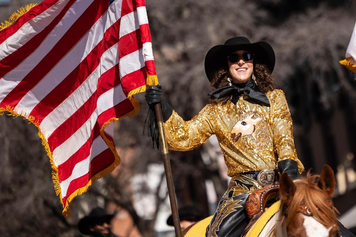 Megan Gay Maier of Rafter G Rodeo Company leads the Fort Worth Stock Show All Western Parade down Main Street in downtown Fort Worth on Saturday, Jan. 18, 2025.