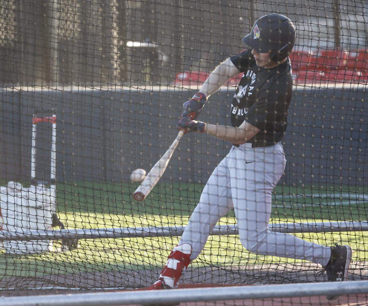 Fort Worth Christian short stop Grady Emerson takes a cut in the batting cage during baseball practice at Fort Worth Christian School in North Richland Hills, Texas, Monday Feb. 23, 2026.
