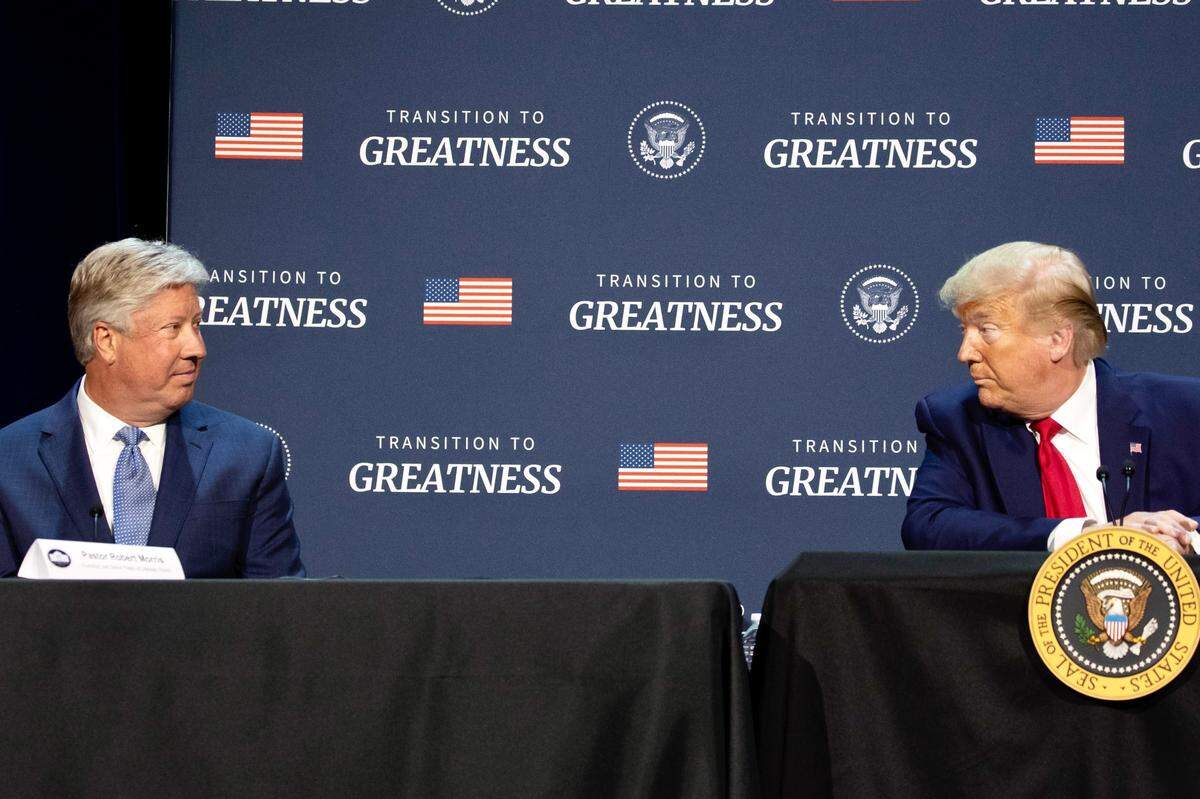 Pastor Robert Morris, left, listens as President Donald Trump speaks during a roundtable discussion about “Transition to Greatness: Restoring, Rebuilding, and Renewing,” at Gateway Church Dallas Campus, Thursday, June 11, 2020, in Dallas.