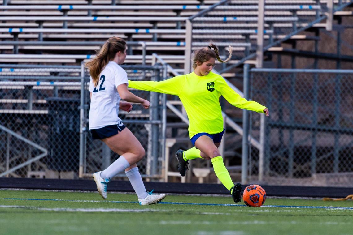 Avery Hutka kicks the ball during a home game against All Saints on February 4, 2021. Photo by Matt Smith (Special to the Star-Telegram).