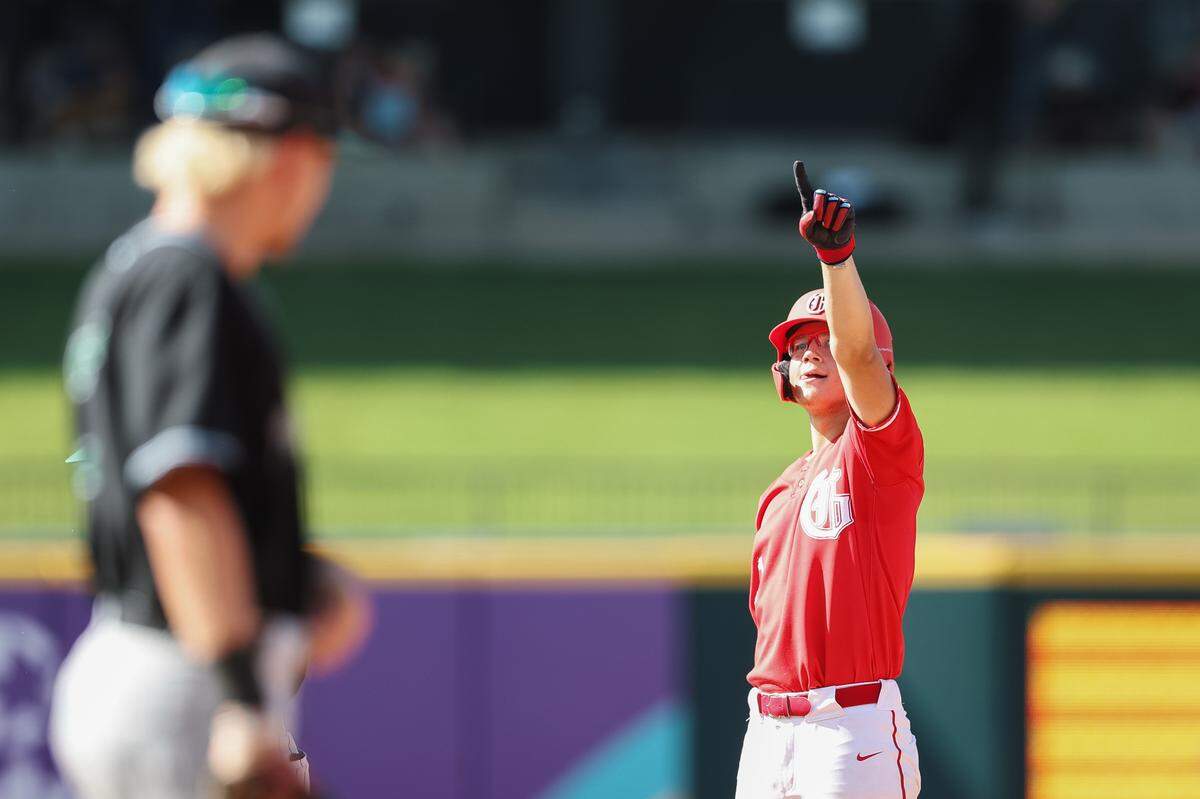 Grapevine pitcher Luke Esquivel points to his dugout in celebration after a base hit in the Class 5A Division II state championship game against Kingwood Park on Friday, June 6, 2025 at Dell Diamond in Round Rock, Texas.