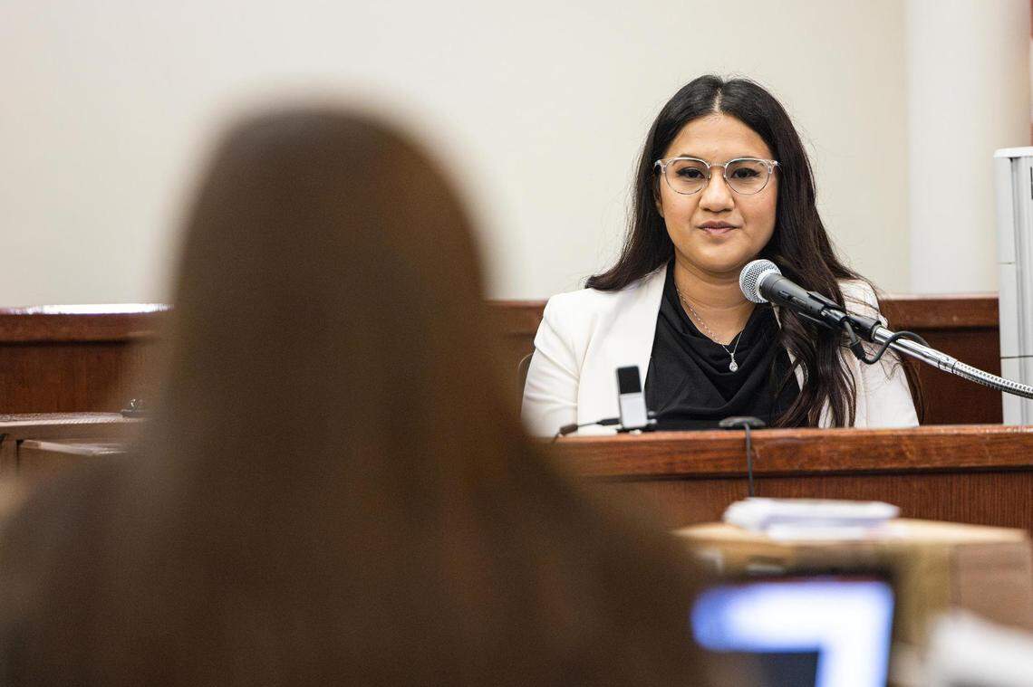 Tarrant County Assistant District Attorney Kate Hinojosa speaks with Mansfield Police Department crime scene investigator Felicia De Leija on the witness stand for Maurice Smith’s capital murder trial in the Criminal District Court No. 4 at the Tim Curry Criminal Justice Center in Fort Worth on Thursday, Feb. 29, 2024.