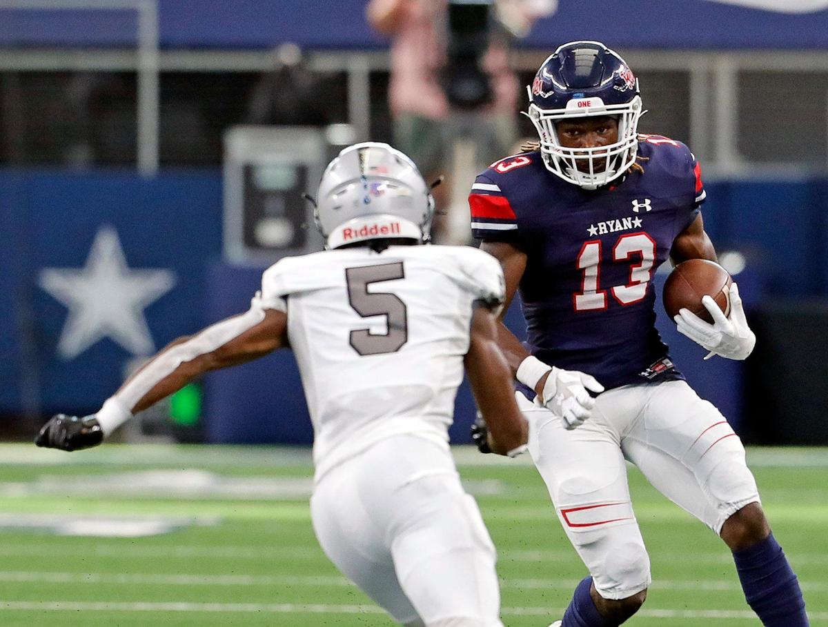 Martin defensive back Lenard Lemons (5) zeros in on Denton Ryan receiver Keori Hicks (13) during a high school football game at AT&T Stadium in Arlington, Texas, Friday, Sept. 25, 2020. Ryan led 21-0 at the half. (Special to the Star-Telegram Bob Booth)