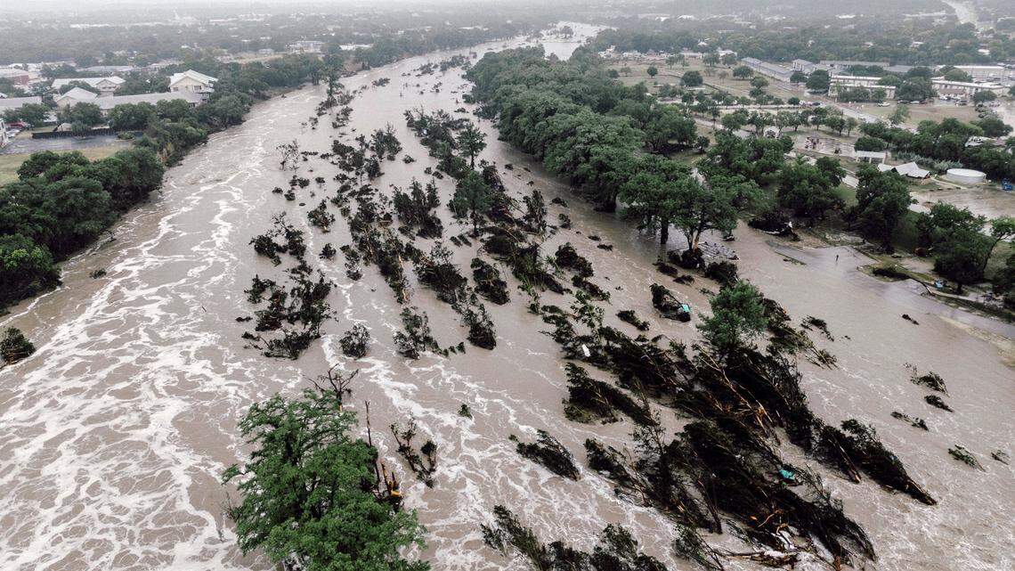 The flooded Guadalupe River in Kerrville, Texas, on Friday, July 4, 2025.