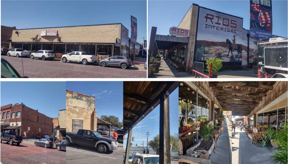 Photos showing how Rios Interiors appears today on North Main Street in the Fort Worth Stockyards.