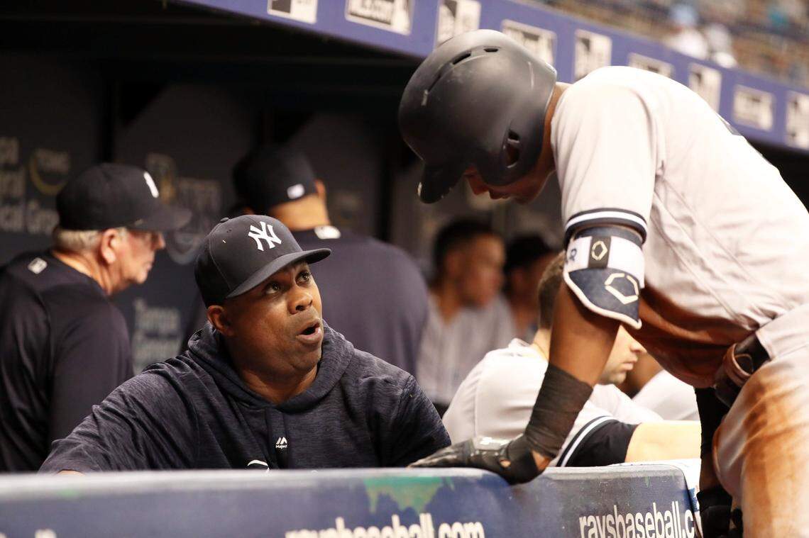 Former New York Yankees hitting coach Marcus Thames is still listed on as a current member of the Yankees “Diversity Council” even though the team fired him in 2021. Mandatory Credit: Kim Klement-USA TODAY Sports