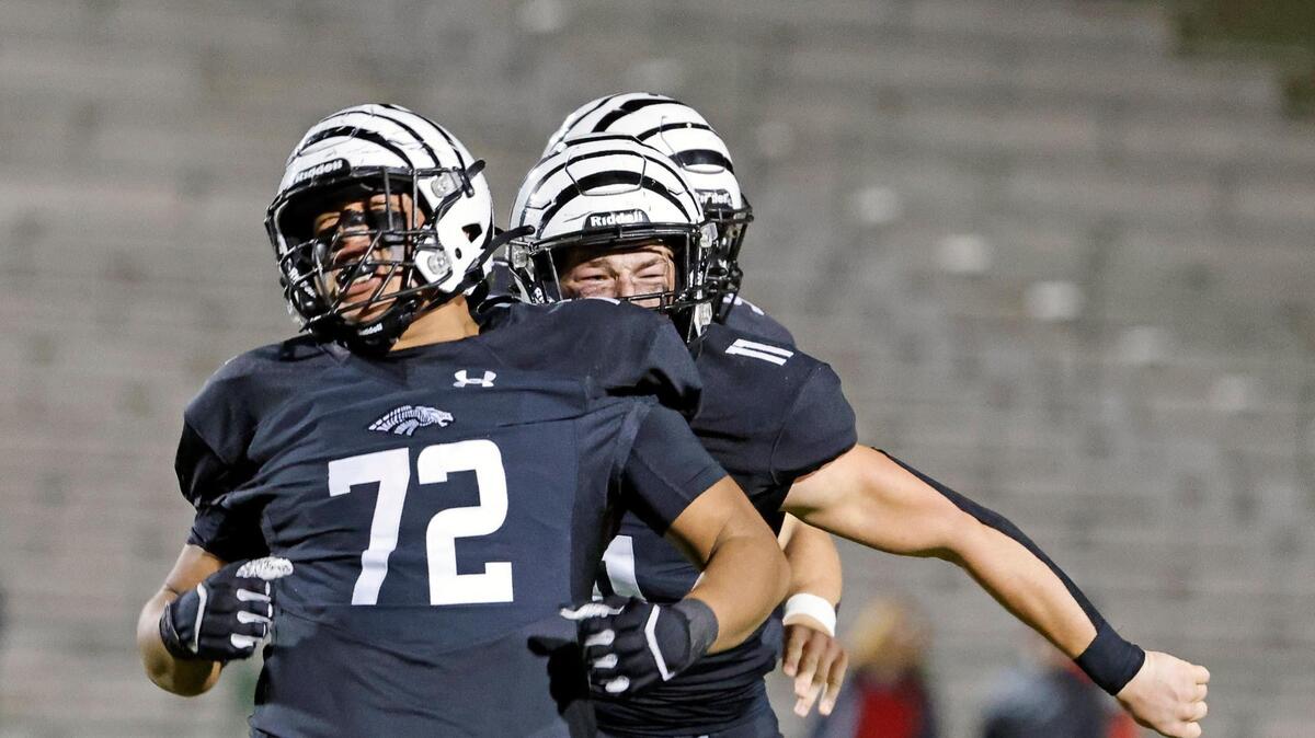 Grandview lineman Bryce Castillo (72) screams after a fourth down stop that sealed the game in the second half of a UIL Class 3A Division 1 area round playoff football game at Mesquite Memorial Stadium in Mesquite, Texas, Thursday, Nov. 16, 2023.