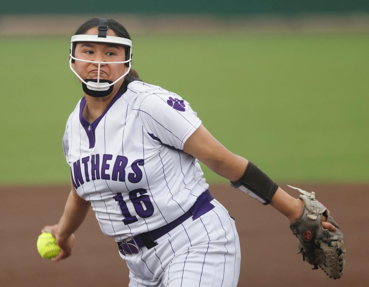 Paschal pitcher Natalia Rojas works in the first inning during a UIL District 6A Region 1 Bi-district softball playoff game at Saginaw High School in Saginaw, Texas, Thursday, April 25, 2024. Paschal defeated Keller 3-2. (Special to the Star-Telegram/Bob Booth)