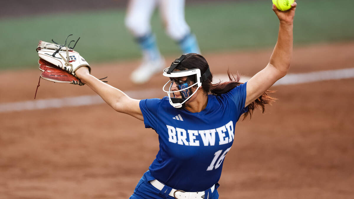 White Settlement Brewer pitcher Cozy Tyson (16) attempts to throw a pitch against Montgomery Lake Creek in the UIL Class 5A Division II state softball championship game at Red & Charline McCombs field in Austin, Texas, on Friday, May 29, 2026.