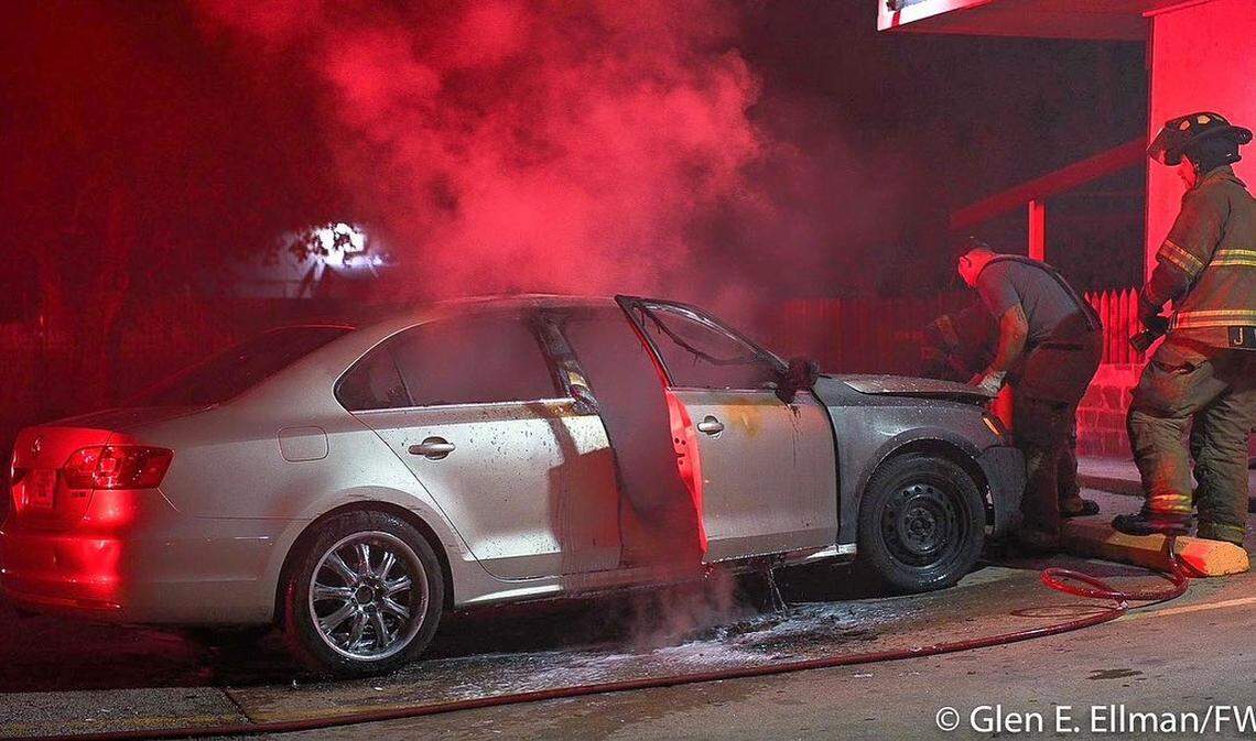 Fort Worth firefighters put out a car fire overnight Friday. It was one of five fires that occurred in the overnight hours within a one-mile radius believed to have been started by one man, according to the fire department.