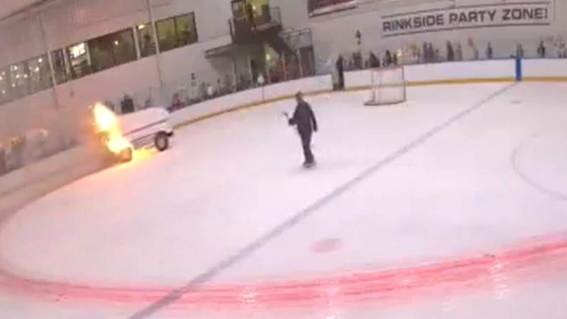 A zamboni caught fire at an ice rink in New York following youth hockey practice.