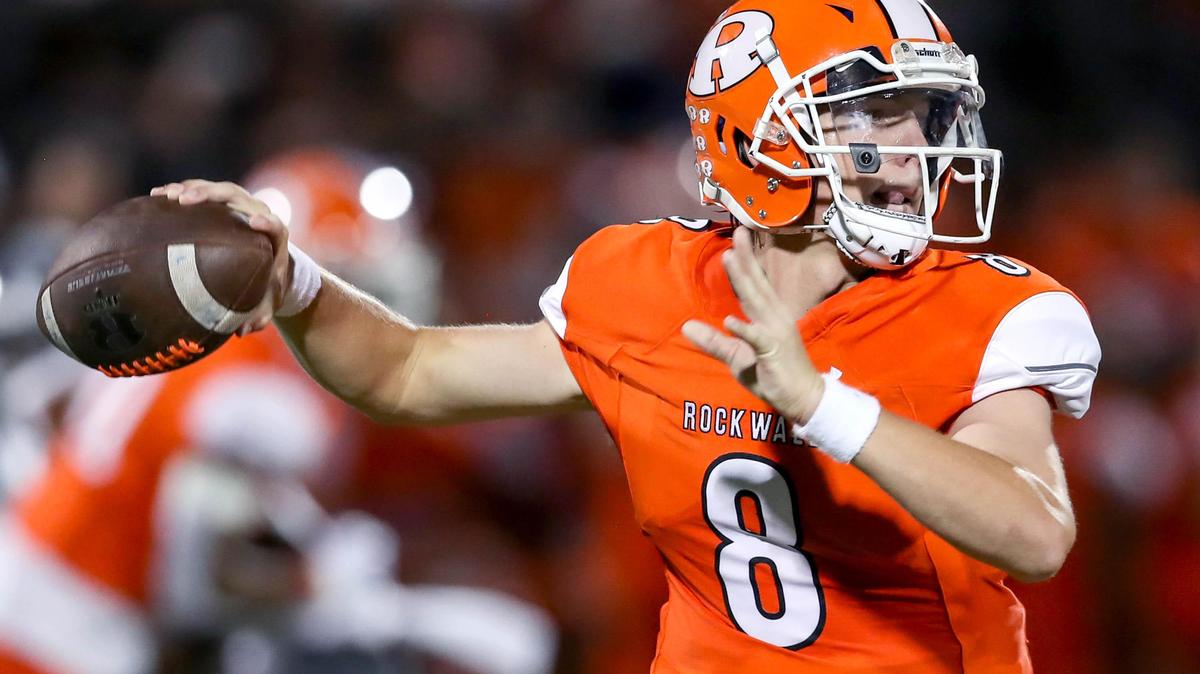 Rockwall quarteback Braedyn Locke looks to pass against Arlington Martin during the first half, Friday night, September 20, 2019 played at Wilkerson-Sanders Stadium in Rockwall, TX