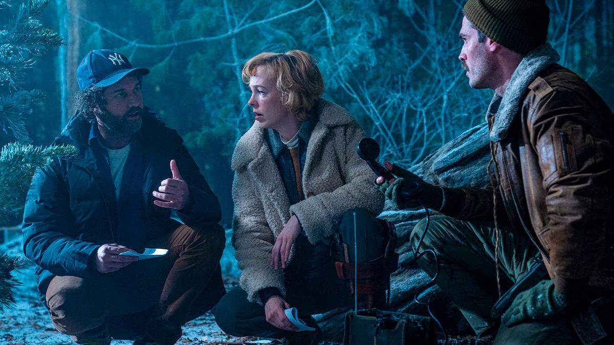 (L-R) Co-director Gene Gallerano, Brittany Allen as “Ellie Bannister” and Jim Cummings as “Booker” in horror film “The Yeti.”