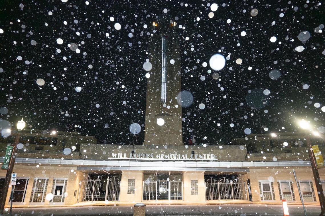 The Will Rogers Memorial Center is photographed as light snow begins to fall in Fort Worth on Friday, Jan. 10, 2025.