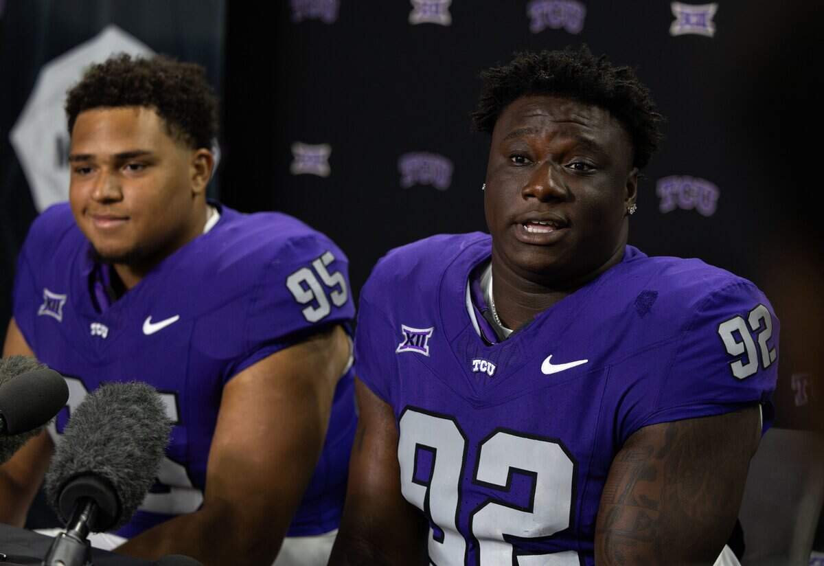 Markis Deal, left, and Ansel Din-Mbuh, Texas Christian University defensive tackles, answer questions during Big 12 media days Wednesday, July 8, 2026, at The Star in Frisco.