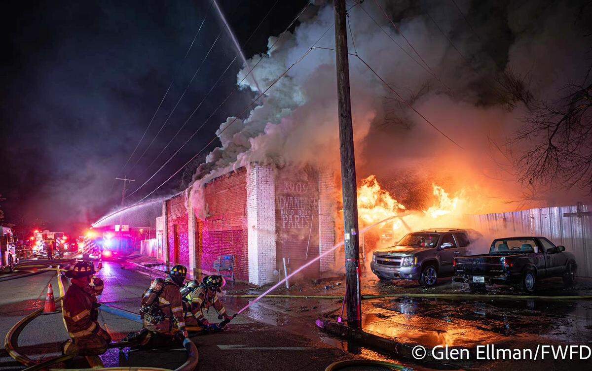 An automotive repair shop in southeast Fort Worth collapsed Saturday night, Jan. 31, during a two-alarm fire, officials with the Fort Worth Fire Department said.