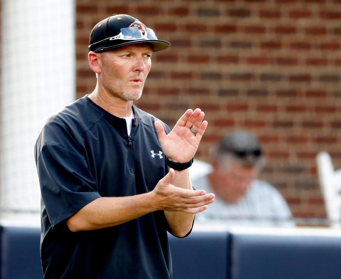 Aledo head coach Chad Barry celebrates a play during a UIL 5A D1 semifinal baseball game at Dallas Baptist University’s Horner Ballpark in Dallas, Texas, on May 29, 2025.