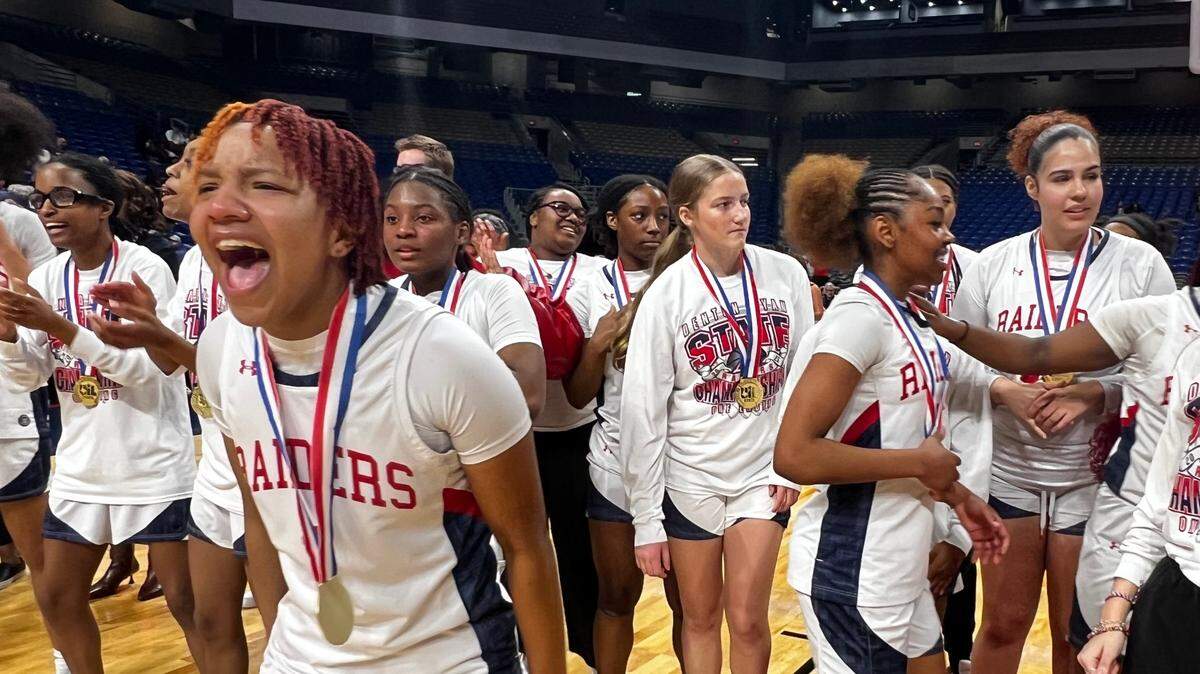Denton Ryan junior Daviyana Madison celebrates a Class 5A Division I state championship victory against San Antonio Wagner at the Alamodome in San Antonio on Saturday, March 1, 2025.