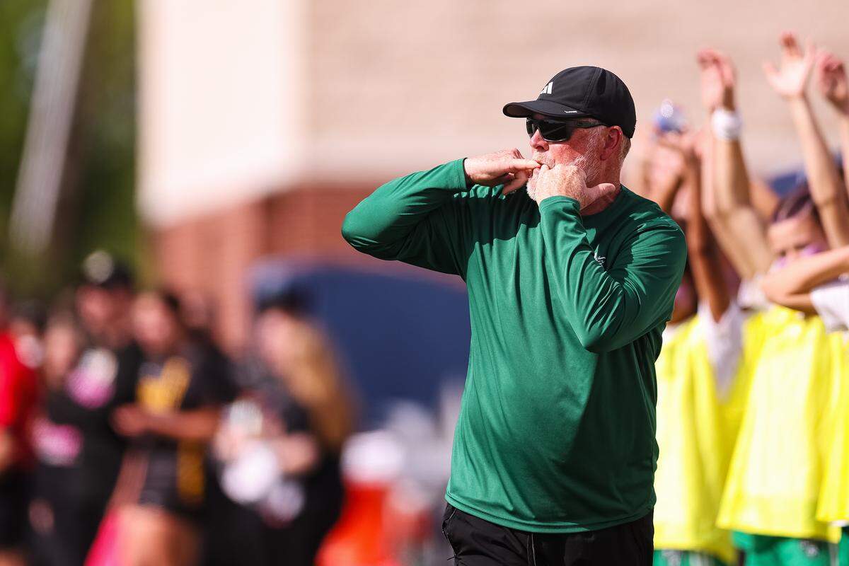 Southlake Carroll head coach Matthew Colvin whistles toward his team as they play against Forney in a UIL Class 6A Division 2 girls soccer state semifinal on Saturday, April 4, 2026, at Memorial Stadium in Mesquite, Texas.