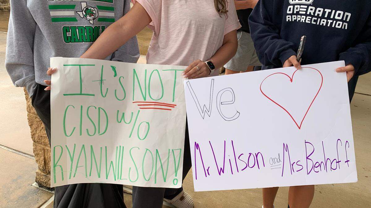 Southlake Carroll high school students helped organize a protest on May 3, 2025 against the school board’s decision not to renew two high school principals’ contracts.