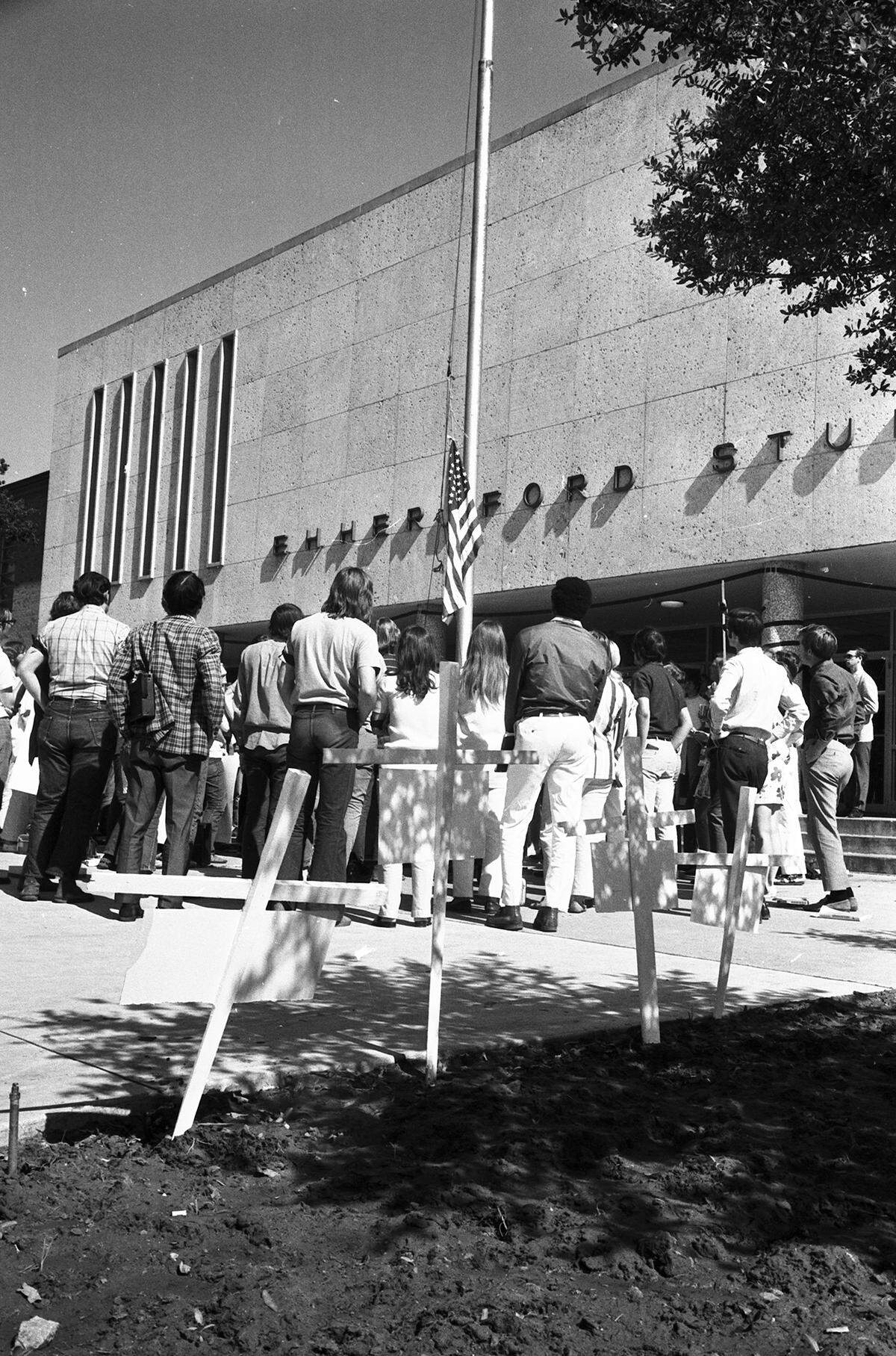 May 5, 1970: Crosses flanked about 125 University of Texas at Arlington students as they gathered in front of the UTA Student center for a memorial service for four Kent University students shot to death during an anti-war demonstration on May 4.