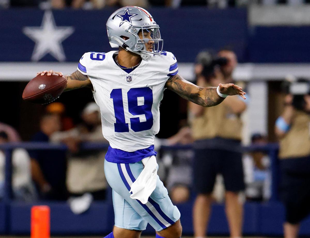 Dallas Cowboys quarterback Trey Lance throws the ball while competing against the Philadelphia Eagles on Sunday, Nov. 10, 2024, at AT&T Stadium.