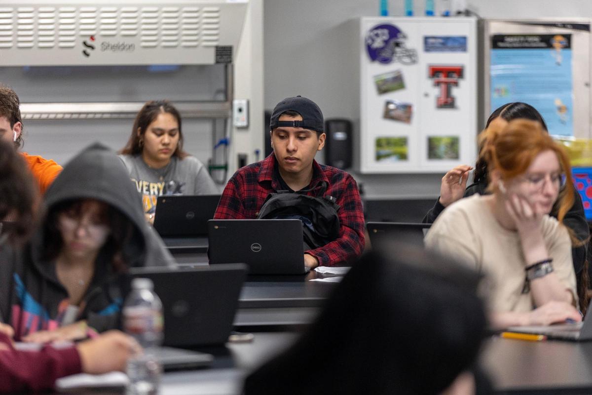 Junior Marco Veneers, 16, works during class at Eaton High on Thursday, March 2, 2023. Since 2010, Northwest ISD has added 15,000 students to its population and is one of the fastest-growing school district in Texas.