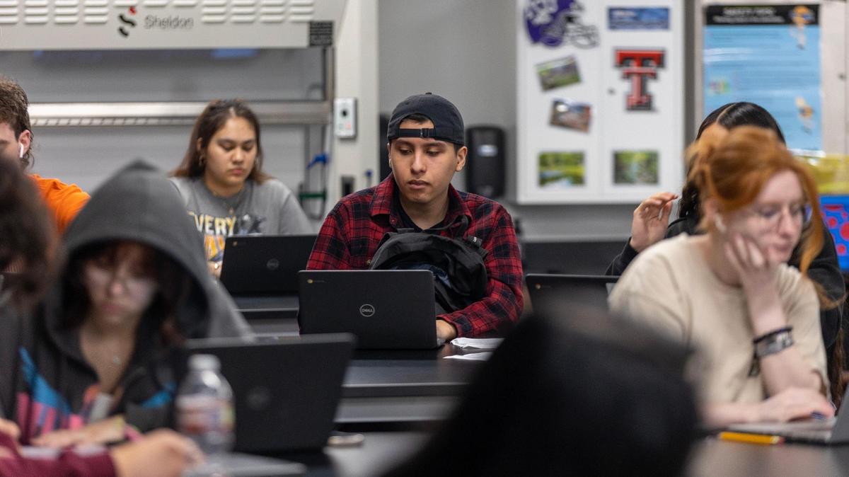 Junior Marco Veneers, 16, works during class at Eaton High on Thursday, March 2, 2023. Since 2010, Northwest ISD has added 15,000 students to its population and is one of the fastest-growing school district in Texas.