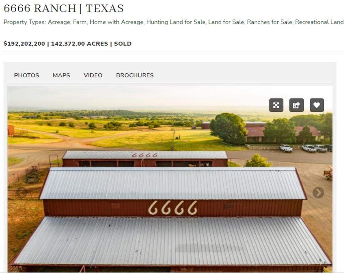 The Four Sixes Ranch, located about 200 miles from Fort Worth, sold for $192.2 million Friday. The ranch, which contains over 142,000 acres, was reportedly purchased by a group led&nbsp; by ”Yellowstone”&nbsp;producer Taylor Sheridan.