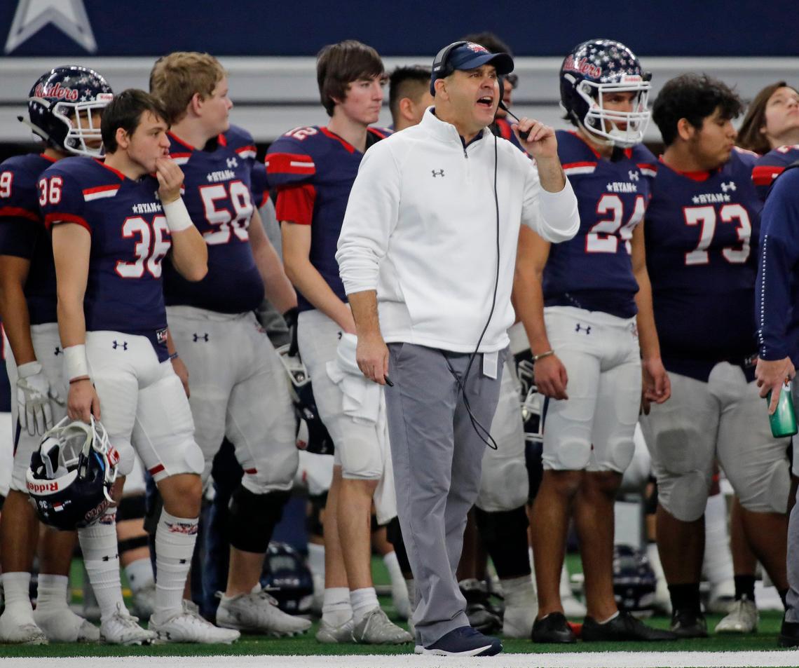 Denton Ryan head coach Dave Henigan reacts to a play in the second half of a high school Class 5A Division I State Semifinals football playoff game at AT&T Stadium, Arlington, Texas, Saturday, Dec. 15, 2018. Highland Park won 43-21. (Star-Telegram Bob Booth)