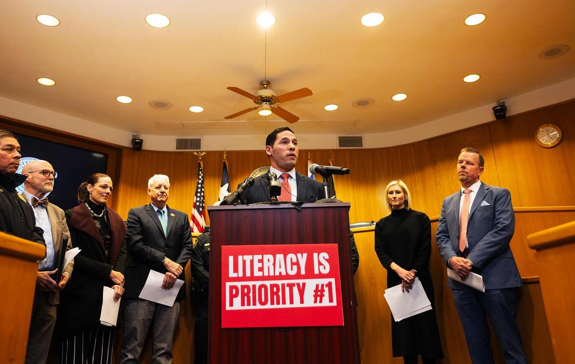 Tarrant County Commissioner Manny Ramirez speaks during a press conference addressing the resolution to prioritize literacy in all independent school districts in the county on Wednesday, Feb. 19.