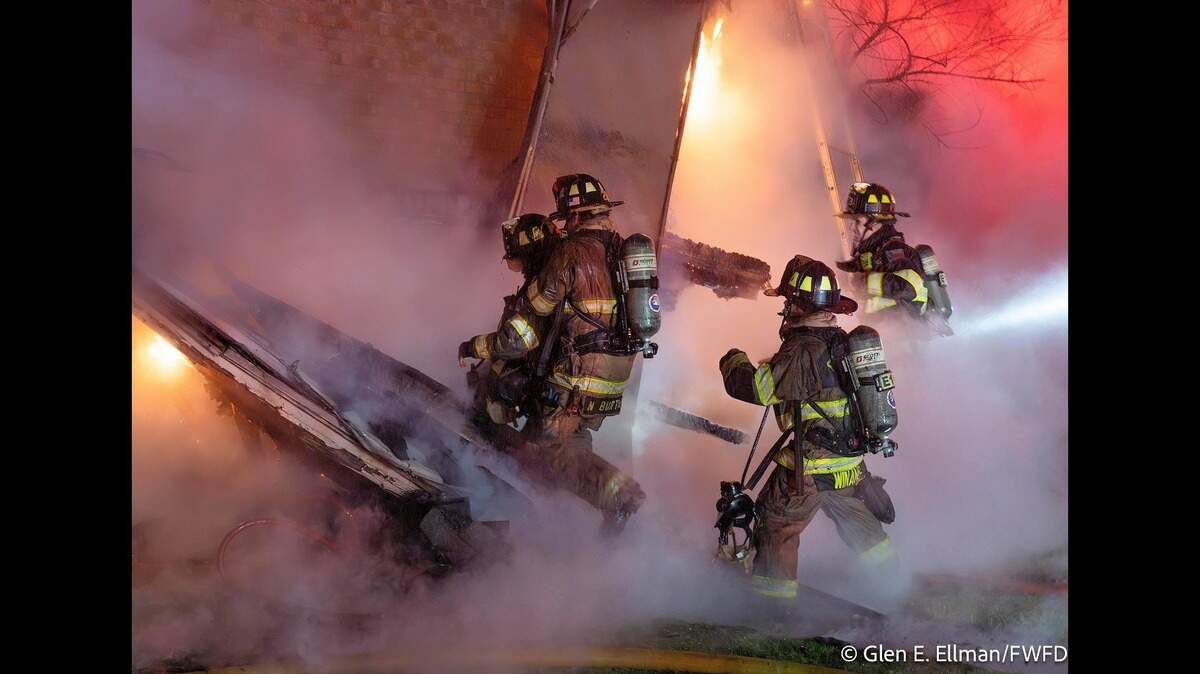 Fort Worth firefighters battle an apartment fire in the 2800 block of Las Vegas Trail early Saturday, April 5.