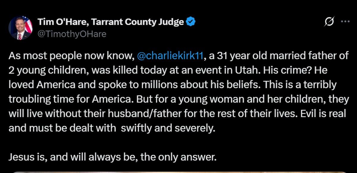Tarrant County Judge Tim O’Hare reacts to the death of conservative activist Charlie Kirk
