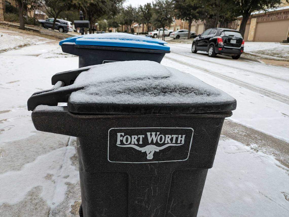 Snowy road conditions on Monday, Jan. 15, 2024, have affected trash collection routes in Fort Worth.