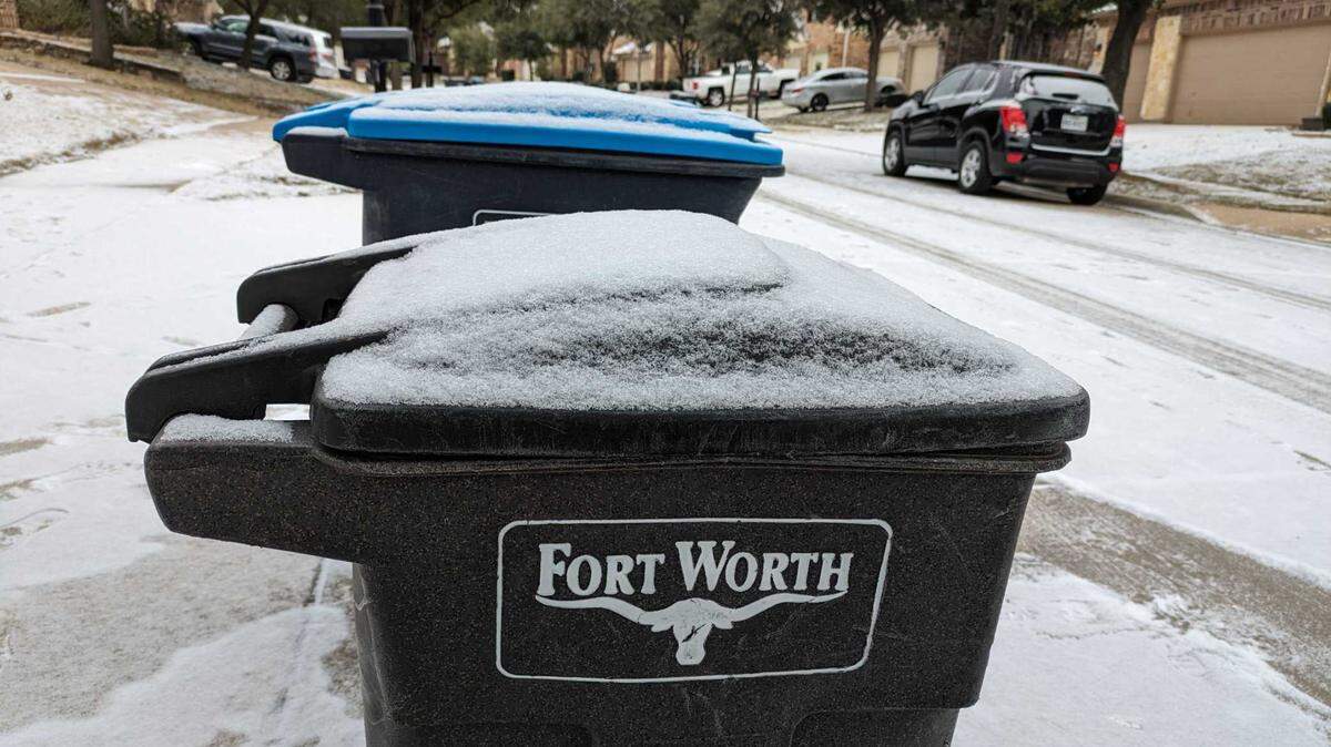 Snowy road conditions on Monday, Jan. 15, 2024, have affected trash collection routes in Fort Worth.