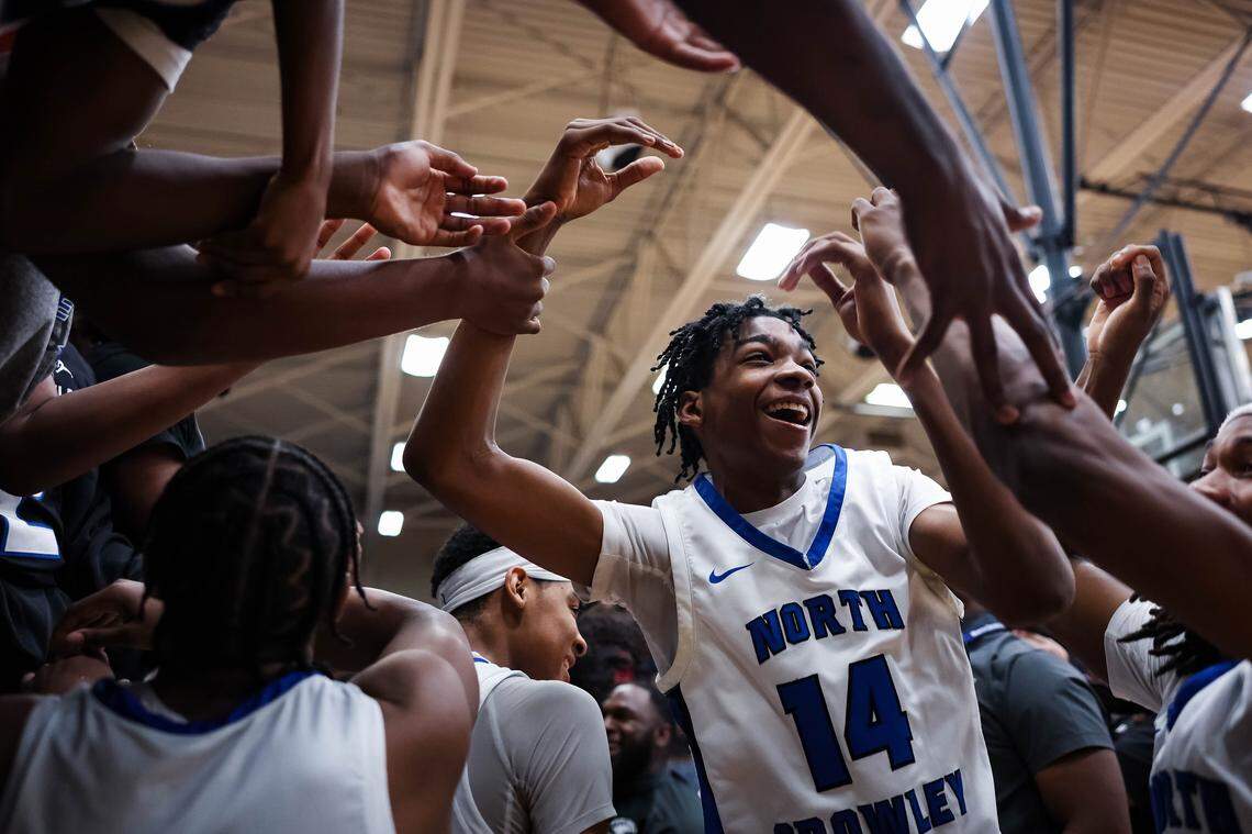 A North Crowley player celebrates near the student section after clinching a regional championship spot in in a UIL 6A D1 regional semifinal at Timberview High School in Arlington, Texas, Tuesday, March 3, 2026.
