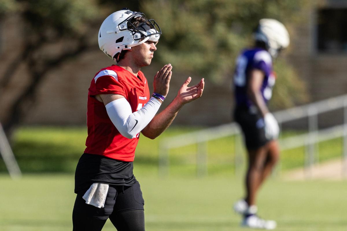 TCU starting quarterback Josh Hoover (10) participates in drill during the first practice of the season at the Sheridan & Cliff Morris Football Practice Fields in Fort Worth on Tuesday, July 30, 2024.