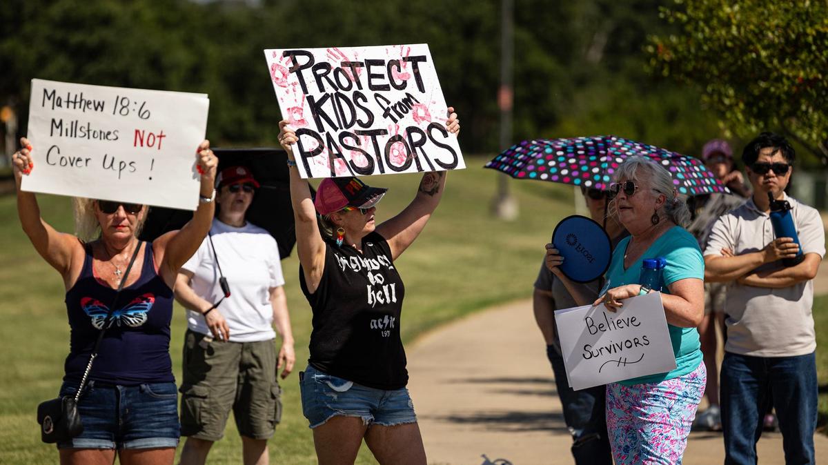 People gather outside Gateway Church in protest of child sexual abuse in the church following allegations against Robert Morris, on Saturday, June 22, 2024, in Southlake.