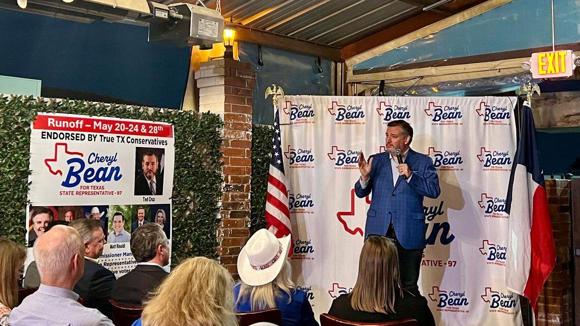 Ted Cruz speaks at a campaign event for Cheryl Bean, who is in a runoff race for Texas District 97 on Wednesday April 24, 2024.