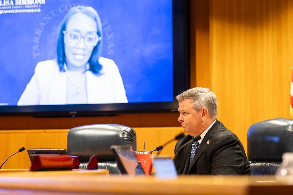 Alisa Simmons, the Tarrant County Commissioner of Precinct 2, and Tim O’Hare, the Tarrant County Judge, listen to lawyer Joe Nixon address the questions regarding the proposed redistricting of the county during a Commissioners Court Meeting at the Tarrant County Administration Building in Fort Worth on Tuesday, May 6, 2025.