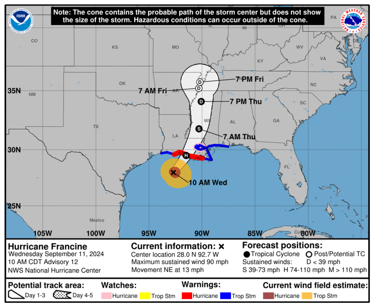 Hurricane Francine is expected to make landfall in Louisiana on Wednesday.