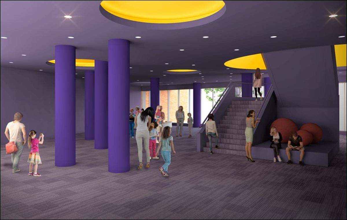 This rendering shows the renovated lobby of the Jane & John Justin Foundation Omni Theater, which will be made more accessible and reconfigured to better accommodate events.