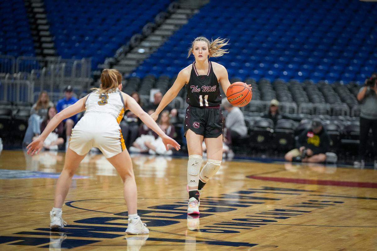 Kate Lindsey of Ben Wheeler Martin’s Mill brings the ball up court against the defense of Goldthwaite’s Abbey Patrick in a Class 2A state semifinal on Friday, March 1, 2024 at the Alamodome in San Antonio, Texas. Martin’s Mill defeated Goldthwaite 54-43.
