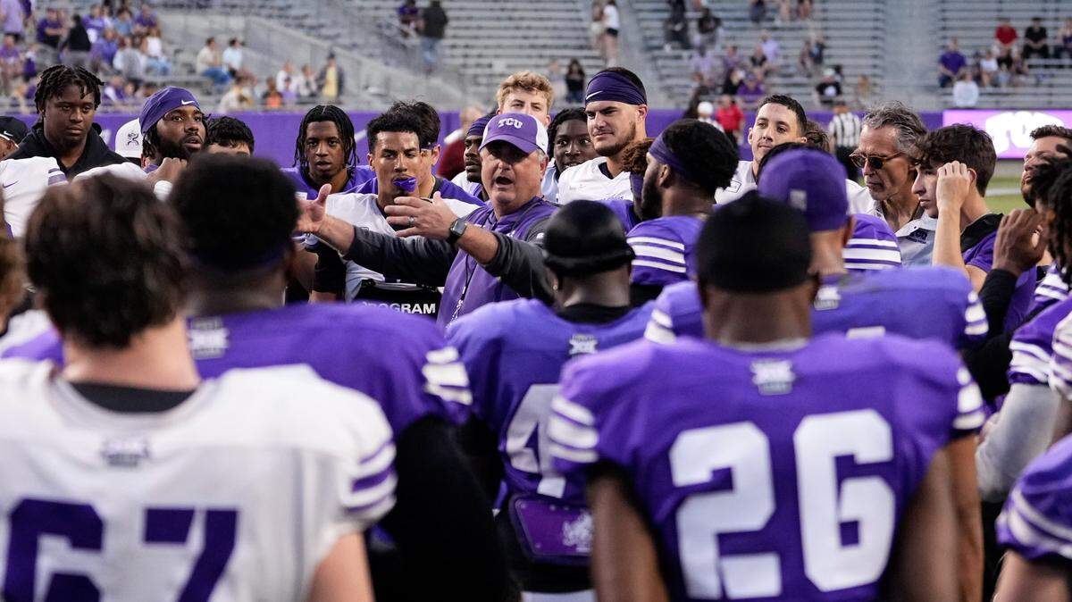 TCU head coach Sonny Dykes, shown speaking with his team after the Horned Frogs’ Spring Game at Amon G. Carter Stadium, expects the defensive unit to be better this season.