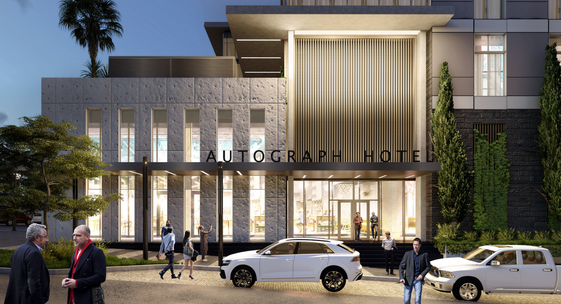 A rendering of the outside of a hotel